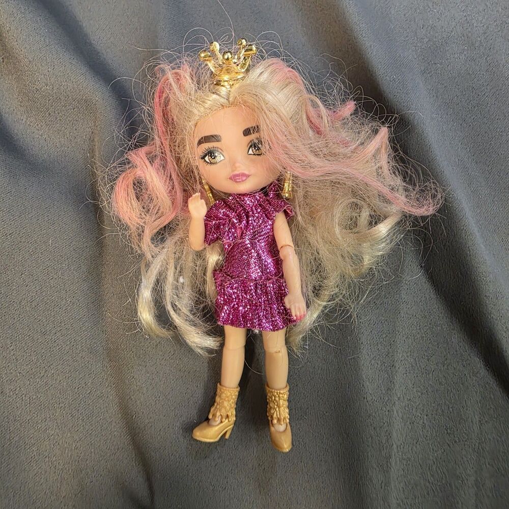 Barbie Extra Minis Gold Crown Doll Pink Dress 5.5 Inch